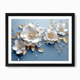 3d Artwork White And Blue Background With Golden Jewelry And Flowers 1 Art Print