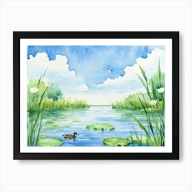 Watercolor Painting Depicting A Tranquil Scene With Water Lilies And A Leaf Floating On A Serene Swe 2 Art Print