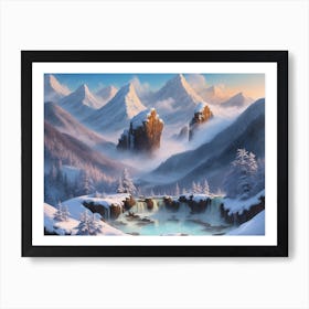 Hot Springs Steam And Surrounding Snowscape Emerging From Between Mountains Art Print