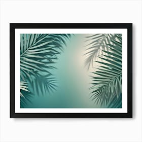 A Green Background With Palm Leaves And Their Shadows Creating A Frame Around The Center Art Print