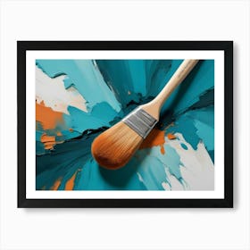 Abstract Image Of A Paintbrush Resting On A Canvas With A Swirl Of Blue, Orange, And White Paint, Representing The Act Of Creation And Artistic Expression Art Print