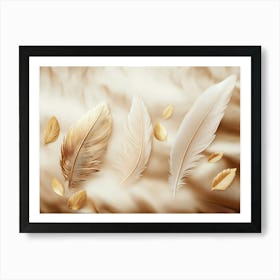 A 3d Drawing Artwork on A Silky Background with Golden Feathers and Leaves Art Print