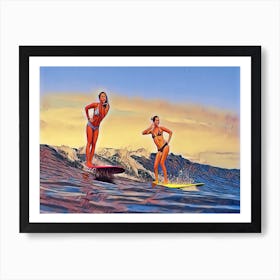 Two Women Surfing On The Sea Cool Art Print