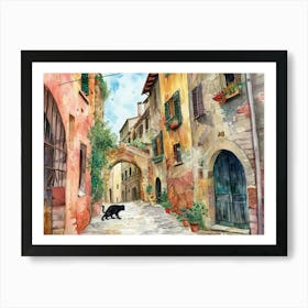 Black Cat In Perugia, Italy, Street Art Watercolour Painting 4 Art Print