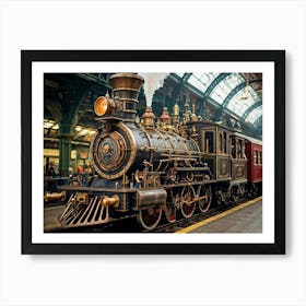 Steampunk Train Depicted In Closeup At Victoria Station London Featuring Victorian Aesthetic With 1 Art Print