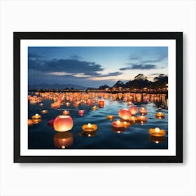 Lanterns Floating In The Water Paintings Art Print Art Print