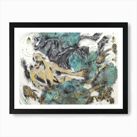 Hares on the pond ink art Art Print