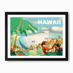 Hawaii, Big Tourist Airplane on The Port, Vintage Travel Poster Art Print