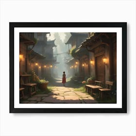 A Serene Village Alleyway In Soft Light, With Wooden Buildings, Stone Pathways, Greenery, And Lanterns, Depicting A Quaint And Picturesque Setting Art Print