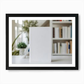 White Blank Book Cover Mockup On A Table In A Bright Home Office Interior Art Print