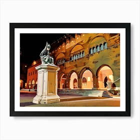 Nighttime Statue and Arcades in Rimini citycenter. The image depicts a statue of a seated figure, possibly a historical figure or a religious icon, standing on a pedestal in a public square. The statue is made of bronze or a similar material and is illuminated by the soft glow of streetlights. The statue is positioned in front of a grand building with a series of arched doorways, creating a sense of depth and grandeur. Art Print