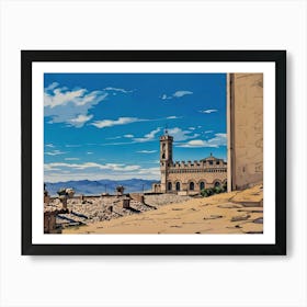 Palazzo dei Consoli (Palace of the Consuls) in Gubbio. A beautifully preserved medieval-style building with intricate stonework and arched windows under a vibrant blue sky. Its towering presence, complete with a clock tower, dominates a sunlit square where visitors stroll and admire the architecture. The scene captures the charm and history of a European town center. Art Print