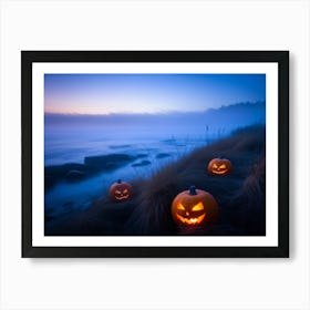 Jack O Lanterns With Eerie Glows Emanating A Soft Light Scattered Along A Desolate Shoreline Early 2 1 Art Print