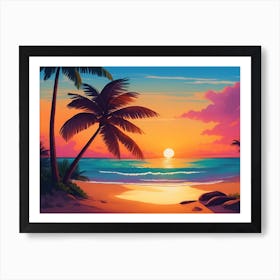 A Tranquil Beach At Sunset Horizontal Illustration 30 Art Print