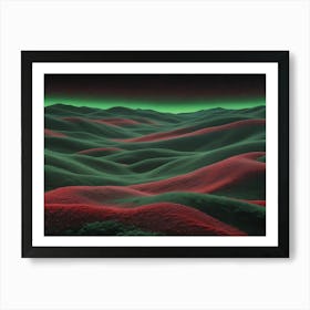 A Surreal Landscape With Rolling Green And Red Hills Under A Starry Sky With A Green Glow Around The Horizon Art Print