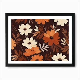 Seamless Floral Pattern Featuring Orange And White Cosmos Flowers With Dark Green Leaves On A Brown Background Art Print