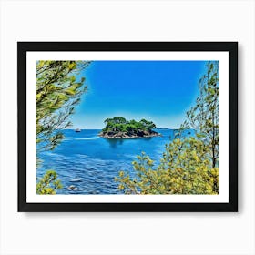 Serene Seascape Escape. The image depicts a tranquil coastal scene featuring a small, lush island surrounded by clear blue waters. Several boats are anchored nearby, and a person is seen riding a jet ski, leaving a trail of white foam behind. The sky is clear, enhancing the vibrant blue hues of the sea and sky, creating a picturesque and serene atmosphere. 4 Art Print