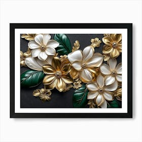 Luxury Floral Seamless with Flowers Elegant Leather Texture Illustration Background in Golden, Green and White 2 Art Print