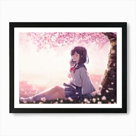 Anime Girl Captured In A Serene State With A Stoic Expression Sits Under Cherry Blossoms Gently Dr Art Print