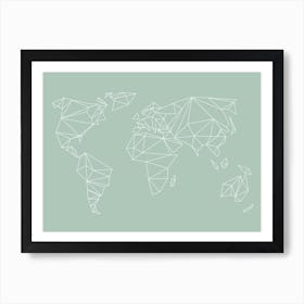 Geometrical World Map   Pastel Sage Green Art Print