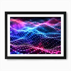 A 3d Rendering Of An Abstract Wave Like Landscape Made Of Interconnected Glowing Dots And Lines In Blue, Pink, And Purple Hues Art Print