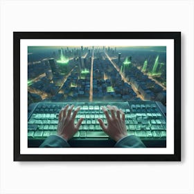 Aerial View Of A Futuristic City At Night With Green Glowing Lights, Controlled By Hands Typing On A Transparent Keyboard Art Print