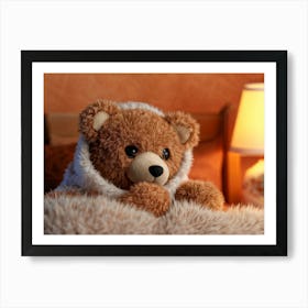 Close Up Of A Small Teddy Bear Nestled In An Oversized Bed With A Fluffy Scarf Draped Over Its Body Art Print