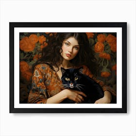 Contemporary Floral Cat And Woman 3 Art Print