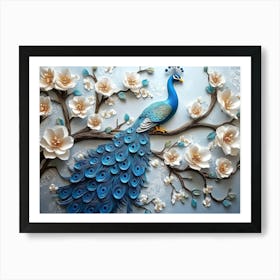 3d Peacock On Branch With Flowers 1 Art Print