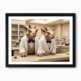 Two Dinosaurs Wearing Lab Coats And Bow Ties Stand At A Laboratory Counter Art Print