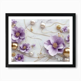 3d Purple Flowers, Gold Balls And Pearls On A White Marble Art Print