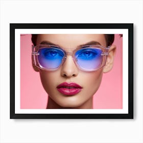 Close Up Portrait Of A Model With Striking Blue Eyes Accented By Pink Glasses That Reflect A Glimme Art Print