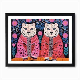 Snow Leopard 3 Folk Style Animal Illustration Art Print