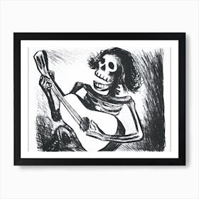 Skeleton 'Calavera' Playing Guitar - 1938 Vintage Sketch by Mexican Graphic Designer Leopoldo Mendez - Witchy Gothic Funny Cool Skull Art Witchcore Dark Aesthetic Remastered High Definition Collectable Gallery Art Print