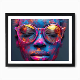 Psychedelic Portrait: Vibrant Expressions in Liquid Emulsion Colorful Girl With Glasses Art Print