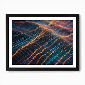 An Abstract, Digital Landscape With Glowing Lines And Waves, Resembling Data Or Energy Flow, In Shades Of Blue, Orange, And Black Art Print