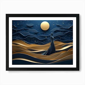 Woman Body Silhouette Standing On Golden Dunes 4 Art Print