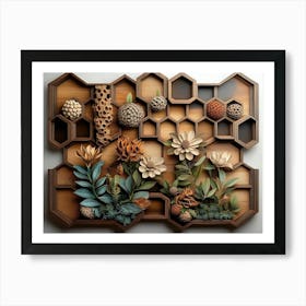 Hexagon Honeycomb Design Wooden Floral Art Print