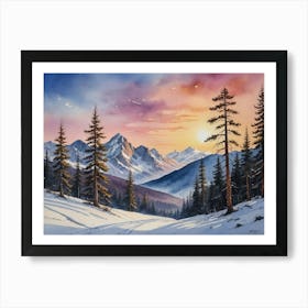 A Tranquil Winter Wonderland Sunset In The Mountains Art Print