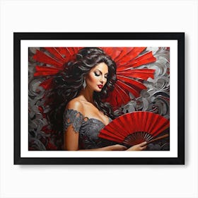 Beautiful Lady with a Red Fan Art Print