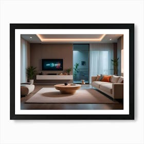 A Modern Living Room With A Sofa, A Coffee Table, And A Tv, Featuring A Minimalist Style And Warm Lighting Art Print