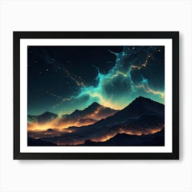 A Mystical Landscape Of Glowing Mountains And A Starry Sky, With Ethereal Blue And Orange Light Trails, Evoking A Sense Of Wonder And Magic Art Print