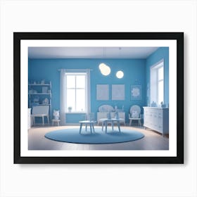 A Modern, Minimalist Children S Room With Blue Walls, White Furniture, And A Light Blue Rug Art Print