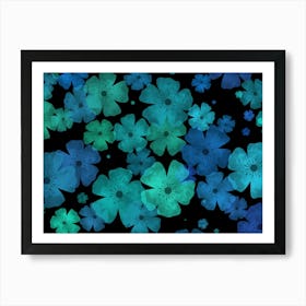 Blue Flowers On Black Background Art Print