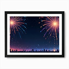 Two Large Fireworks Exploding In The Night Sky Over A Cityscape, Creating A Colorful Display Of Red, Orange, Blue, And Purple Hues Art Print