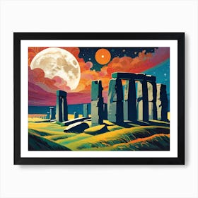 Moon Over Stonehenge ~ England Somerset Ancient Standing Stones Pagan Druid Futuristic Sci-Fi Trippy Surrealism Modern Digital Mandala Awakening Fractals Spiritual Artwork Psychedelic Colorful Cubic Abstract Universe Art Print