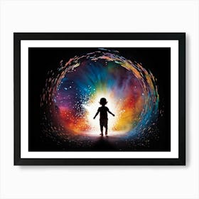 Whimsical Silhouette Of A Child Figure Emerging From A Portal Surrounded By Polychrome Particles An 2 Art Print