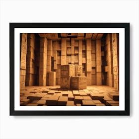 A 3d Image Of A Room Made Entirely Of Beige Blocks, With A Few Larger Blocks In The Center Art Print