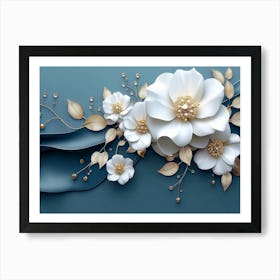 3d White Background With Golden Jewelry And Flower Art Print