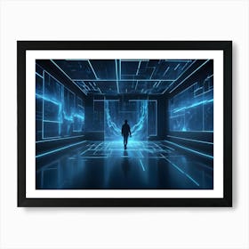 A Man In A Dark Suit Walks Through A Futuristic, Blue Lit Room With Glowing Lines On The Walls And Floor Art Print